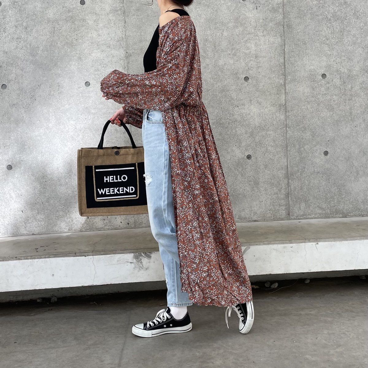 ウエストギャザー小花柄ガウンワンピース(オレンジブラウン ウエストギャザー小花柄ガウンワンピース(オレンジブラウン