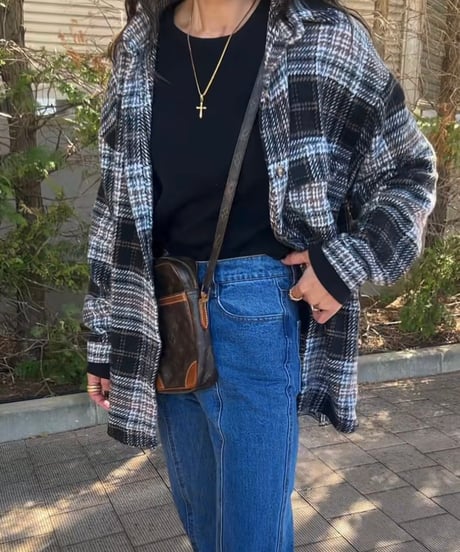 ルーズ起毛チェック柄シャツ(ブラック)