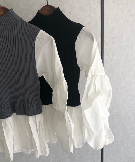 ボリューム袖ニットドッキングシャツ(グレー）