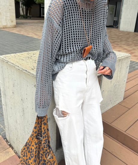 メッシュ編みニットトップス(グレー)
