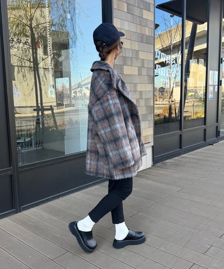チェック柄シャギースタンドカラーコート