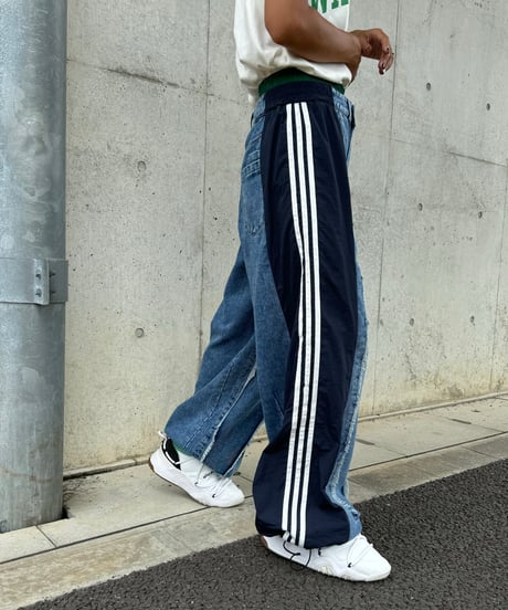 異素材切り替えサイドラインデニムパンツ