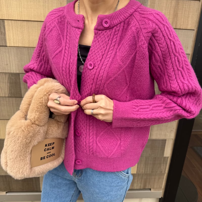 yori ケーブル編み ピンク カーディガン 36 ケーブル編みカラーニットカーディガン | COPINE