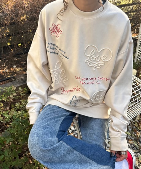 ロープ＆刺繍ラクガキポンチスウェードスウェット(アイボリー)