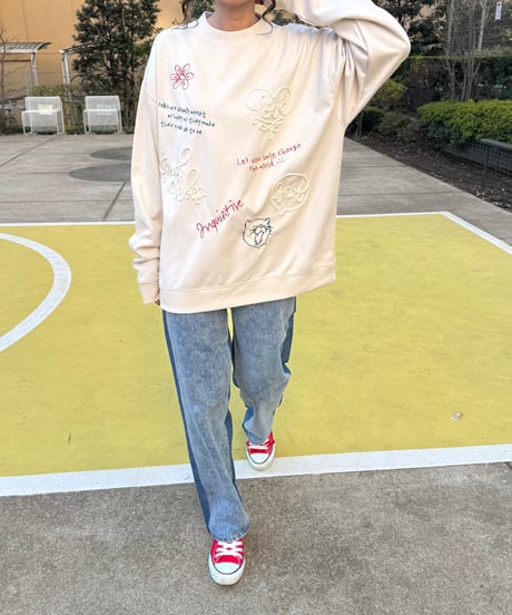 ロープ＆刺繍ラクガキポンチスウェードスウェット(アイボリー)