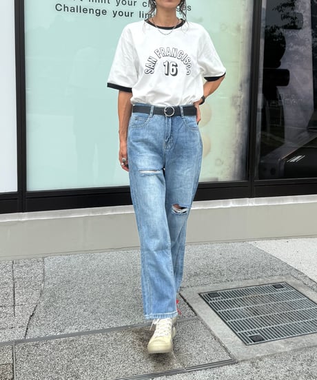 ハイウエストダメージデニムパンツ