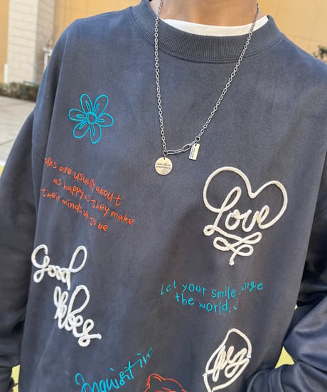 ロープ＆刺繍ラクガキポンチスウェードスウェット(チャコール)