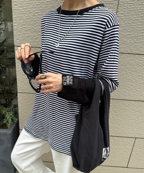 袖メッシュ切り替えボーダーロンT