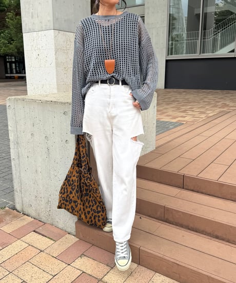 メッシュ編みニットトップス(グレー)