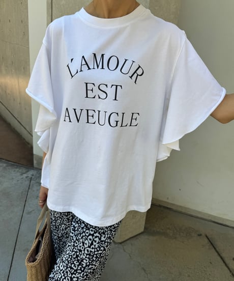 袖フリルロゴプリントTシャツ(ホワイト)
