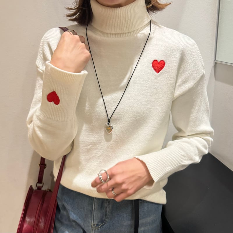 ハート柄タートルニット(ホワイト) | COPINE