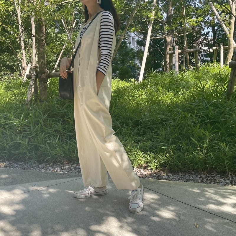 フロントジップワイドサロペット(ライトベージュ） | COPINE