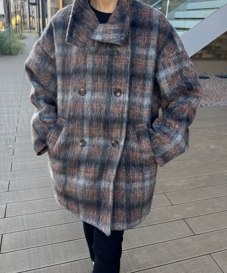 チェック柄シャギースタンドカラーコート