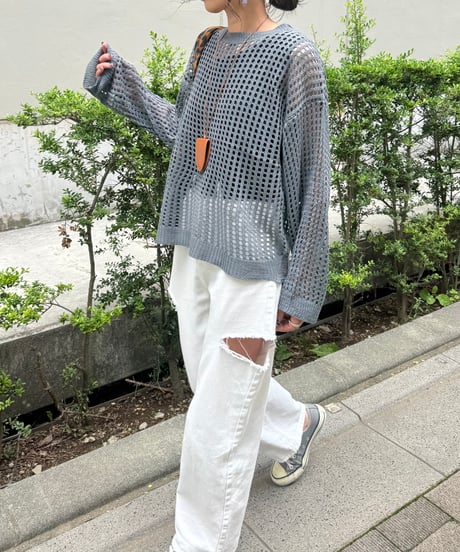 メッシュ編みニットトップス(グレー)