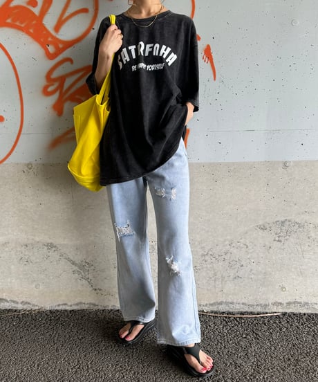 ダメージ加工ワイドデニムパンツ