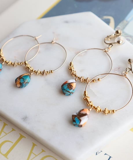 【nemon】Oyster copper turquoise marquise hoop (pierce/earring)