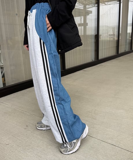 異素材ミックスサイドラインスウェットパンツ