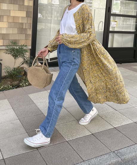 ウエストギャザー小花柄ガウンワンピース(イエロー)