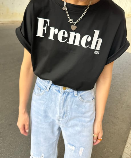 ロールアップフレンチスリーブロゴTシャツ(ブラック)