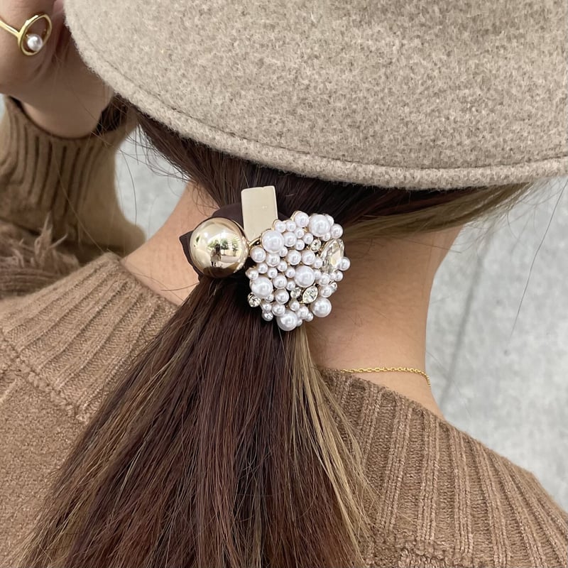 ハンドメイド シュシュ 2814（パール付きデニム × エステル） パール