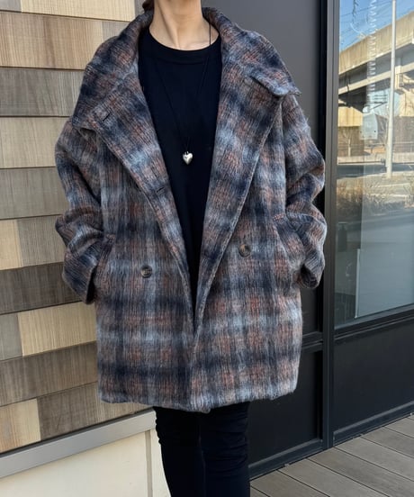 チェック柄シャギースタンドカラーコート