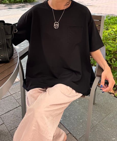 接触冷感裾フレア5分袖Tシャツ(ブラック)