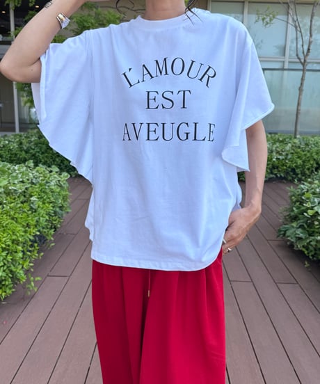 袖フリルロゴプリントTシャツ(ホワイト)