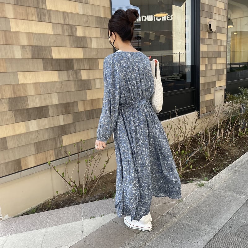 ハイウエストギャザーワンピース　トワルドジュイ柄　ブルー。.＊ ハイウエストギャザーワンピース トワルドジュイ柄 ブルー