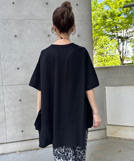 接触冷感裾フレア5分袖Tシャツ(ブラック)