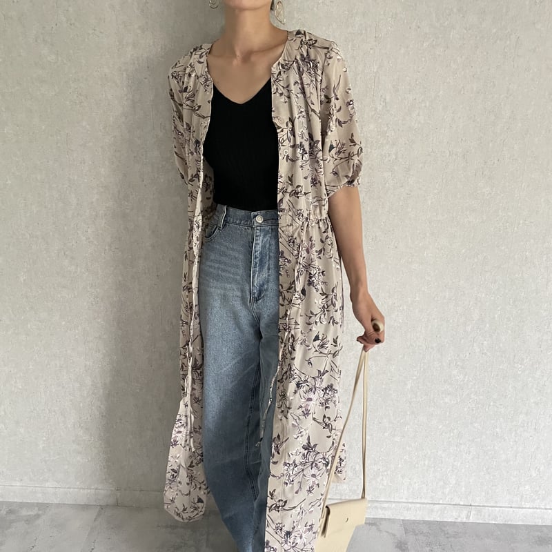 キーネック花柄5分袖ガウンワンピース(ベージュ) | COPINE