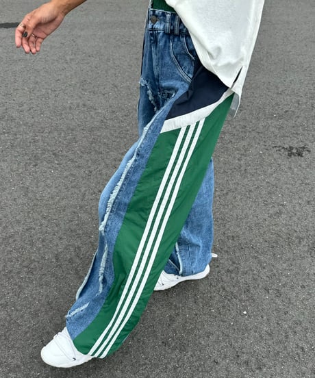 異素材切り替えサイドラインデニムパンツ