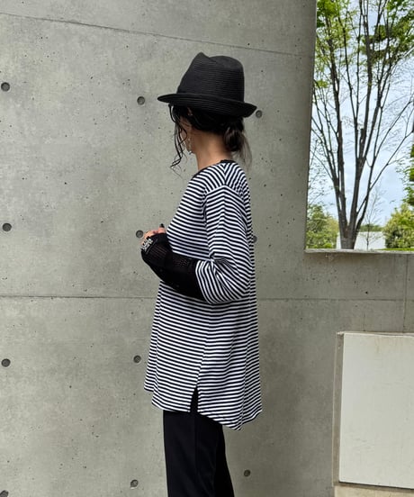 袖メッシュ切り替えボーダーロンT