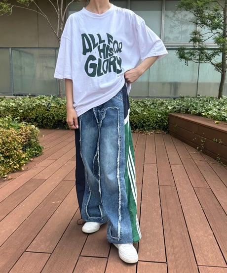 異素材切り替えサイドラインデニムパンツ