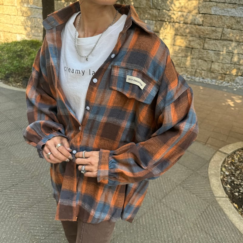 オーバーサイズチェック柄シャツ(ブラウン) | COPINE オーバーサイズチェック柄シャツ(ブラウン) | COPINE