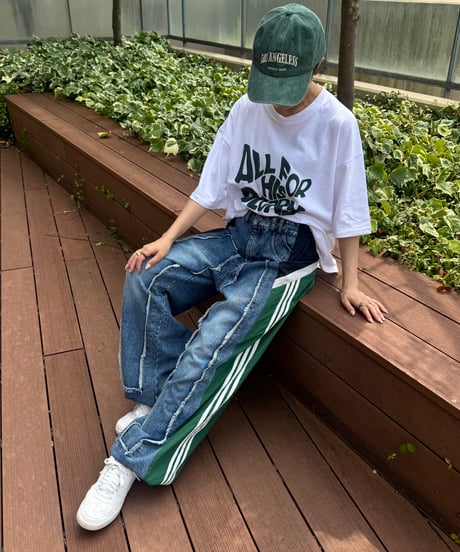 異素材切り替えサイドラインデニムパンツ