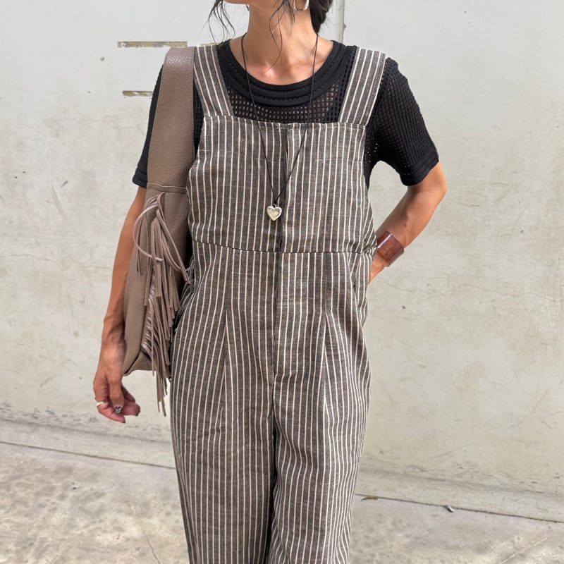 Snap-on ストライプオーバーオール She's Closet サロペット オーバーオール フロントジップタック