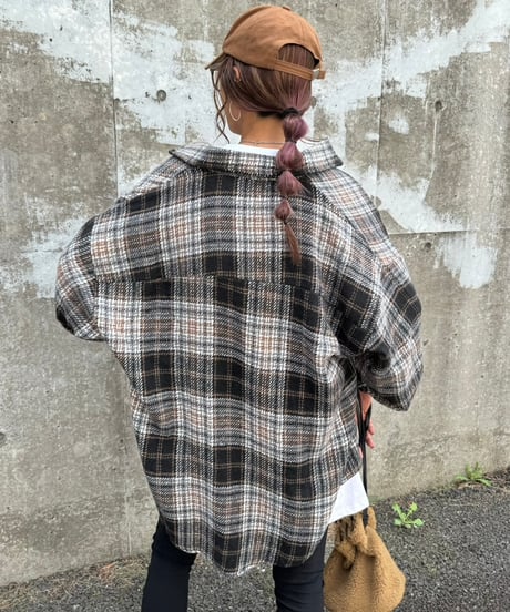ルーズ起毛チェック柄シャツ(ブラック)