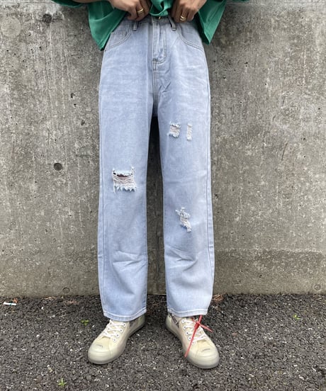ダメージ加工ワイドデニムパンツ