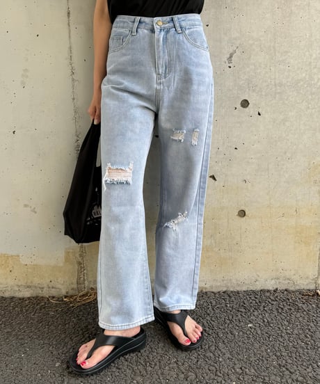ダメージ加工ワイドデニムパンツ
