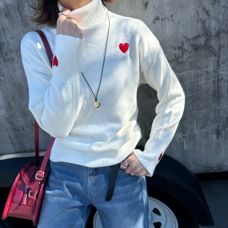 ハート柄タートルニット(ホワイト) | COPINE