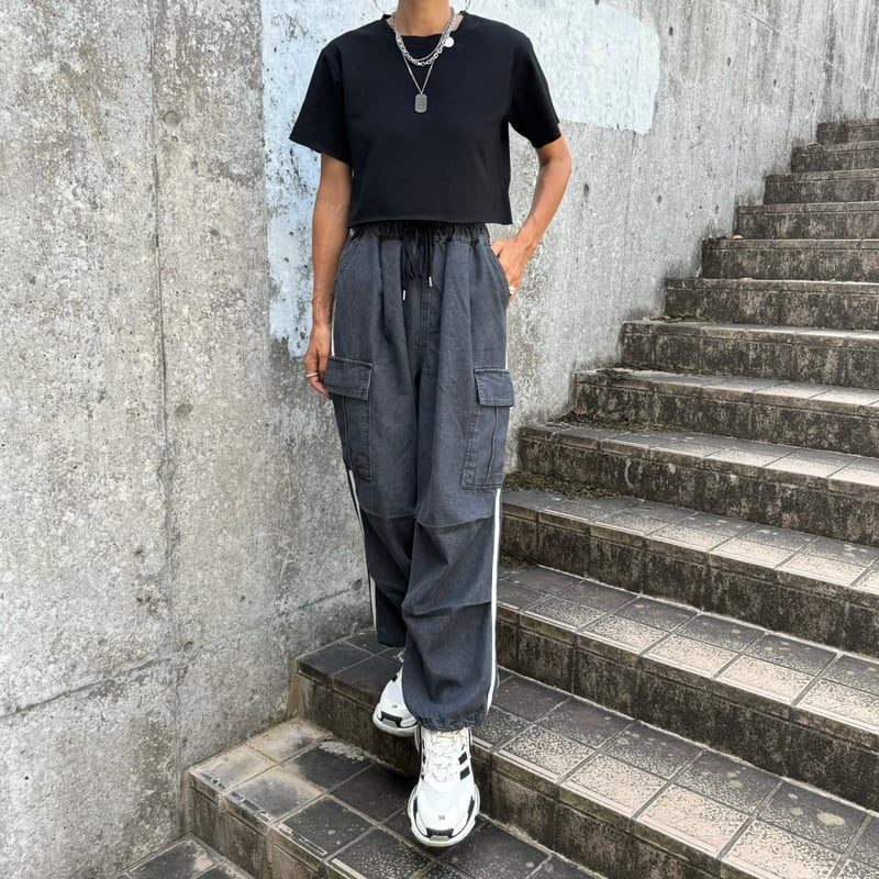 サイドラインデニムカーゴパンツ(ブラック) | COPINE サイドラインデニムカーゴパンツ(ブラック) | COPINE