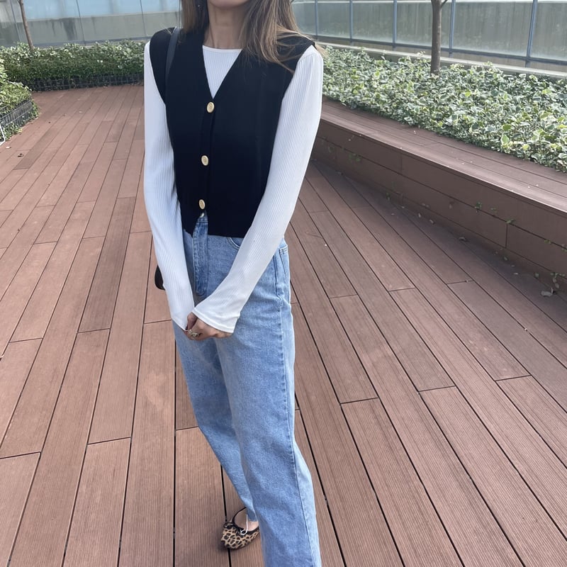 フロントボタンVネックニットベスト(ブラック) | COPINE