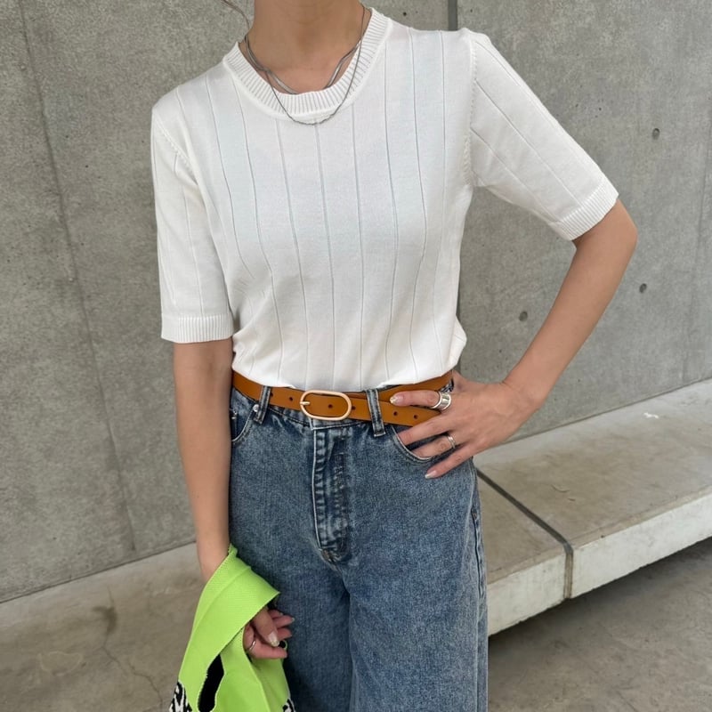 5分袖サマーワイドリブニットトップス(オフホワイト) | COPINE 5分袖サマーワイドリブニットトップス(オフホワイト) | COPINE