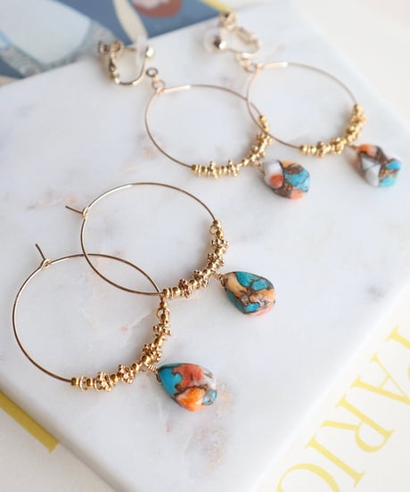【nemon】Oyster copper turquoise marquise hoop (pierce/earring)