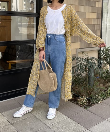 ウエストギャザー小花柄ガウンワンピース(イエロー)