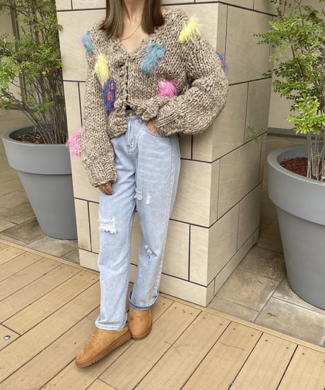 ハンドメイドざっくりニットケーブルカーディガン（ベージュ）