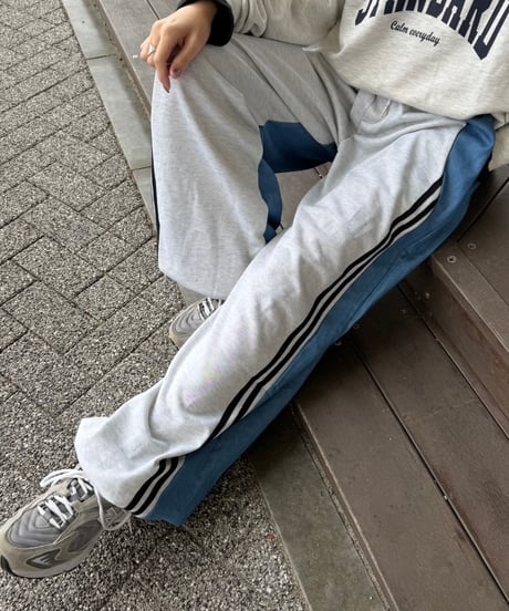 異素材ミックスサイドラインスウェットパンツ