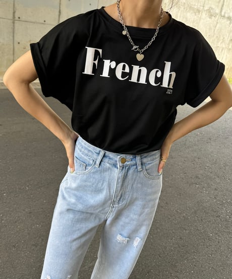 ロールアップフレンチスリーブロゴTシャツ(ブラック)