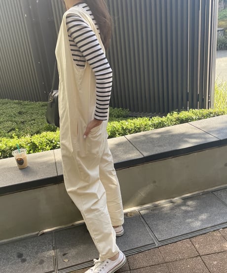 フロントジップワイドサロペット(ライトベージュ）