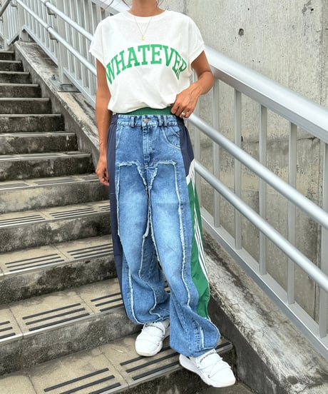 異素材切り替えサイドラインデニムパンツ
